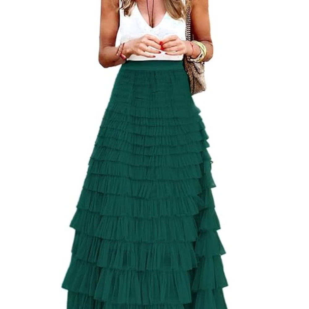 Tiered Ruffle Maxi Skirt - Teal Green